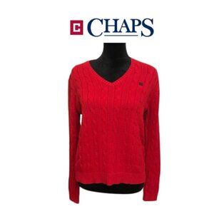 CHAPS Women's Red V-Neck Cable Knit Long Sleeve Sweater Size XL